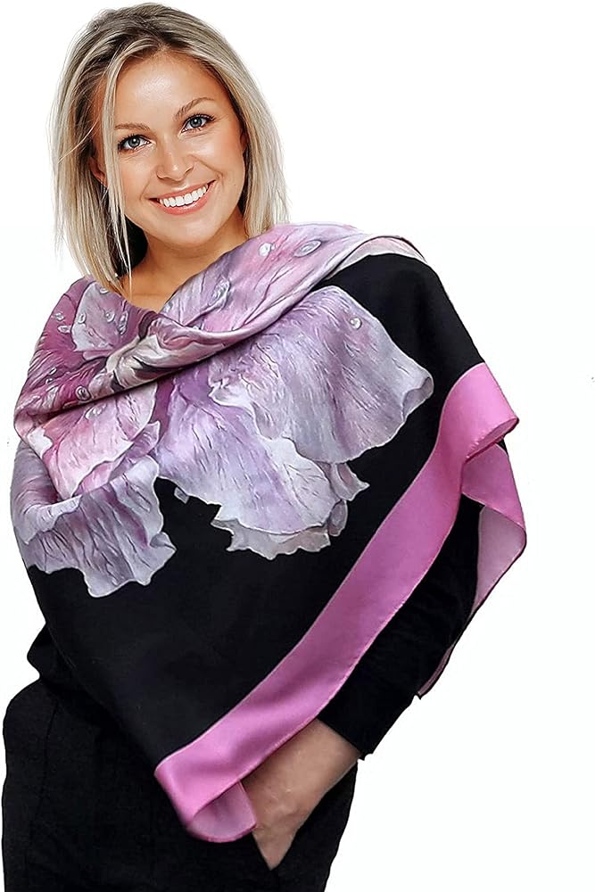 Amazon.com: Large Square Silk Scarf, Black Shawl with Pink Flower